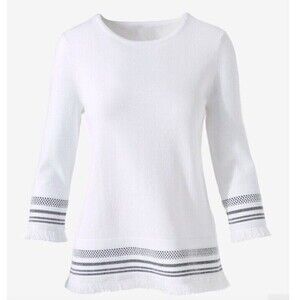 Chicos Tunic Sweater Womens 0  US Small White/Blk Embedded Design Fringe FLAW